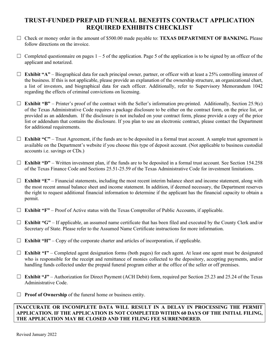 Trust-Funded Repaid Funeral Benefits Contract Application Required Exhibits Checklist - Texas, Page 1