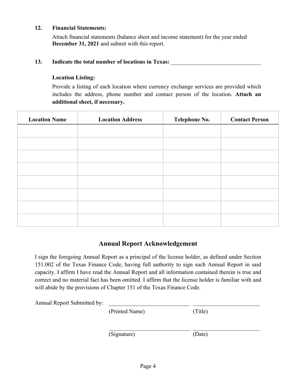 Annual Report for Texas Currency Exchange License Holders - Texas, Page 4