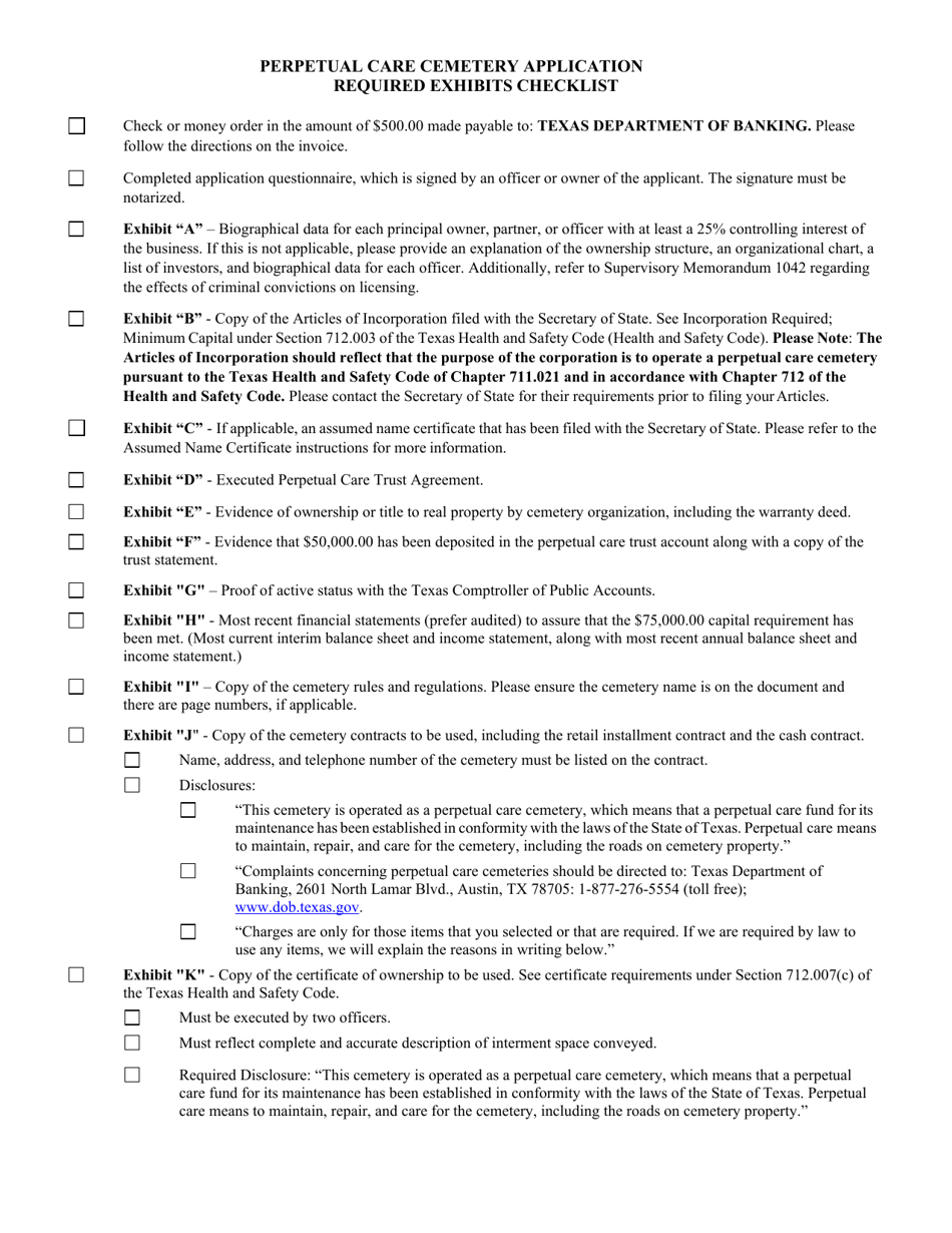 Perpetual Care Cemetery Application Required Exhibits Checklist - Texas, Page 1