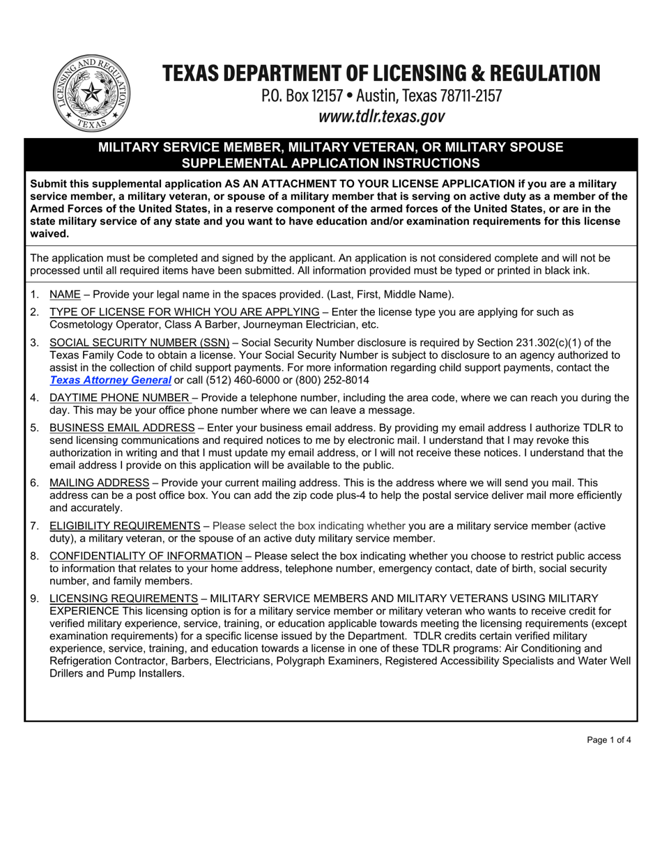 TDLR Form MIL001 Military Service Member, Military Veteran, or Military Spouse Supplemental Application - Texas, Page 1
