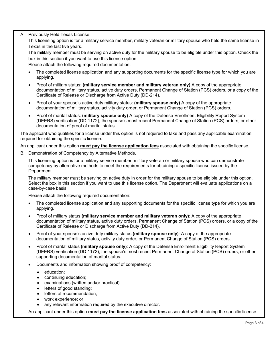 TDLR Form MIL001 Military Service Member, Military Veteran, or Military Spouse Supplemental Application - Texas, Page 3