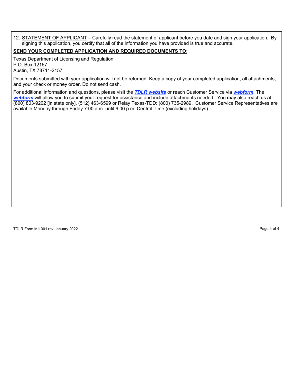 TDLR Form MIL001 Military Service Member, Military Veteran, or Military Spouse Supplemental Application - Texas, Page 4