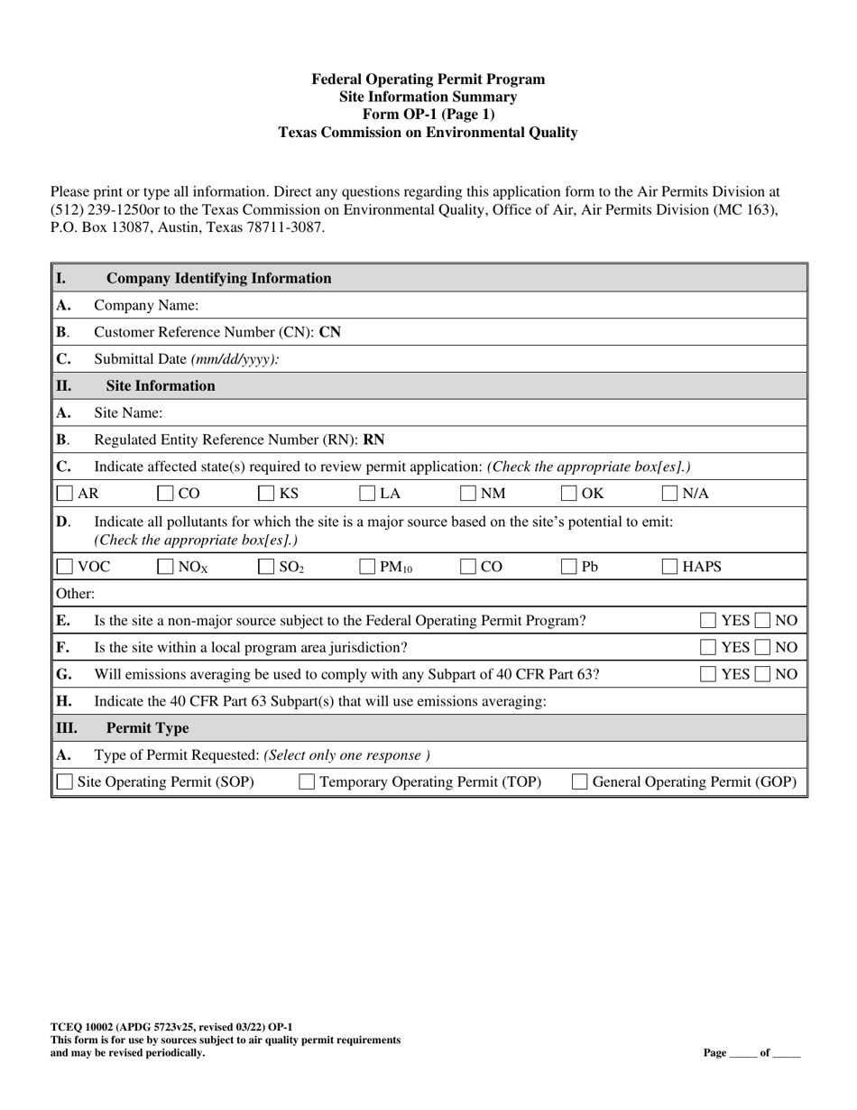 Form TCEQ-10002 (OP-1) Download Fillable PDF or Fill Online Site ...