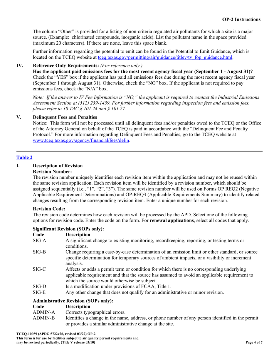 Form TCEQ-100559 (OP-2) Application for Permit Revision / Renewal - Federal Operating Permit Program - Texas, Page 4