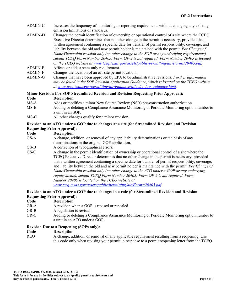 Form TCEQ-100559 (OP-2) Application for Permit Revision / Renewal - Federal Operating Permit Program - Texas, Page 5