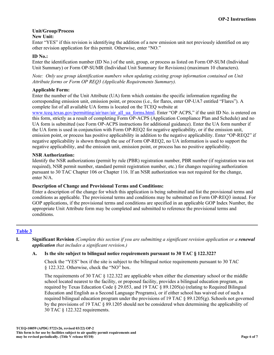 Form TCEQ-100559 (OP-2) Application for Permit Revision / Renewal - Federal Operating Permit Program - Texas, Page 6