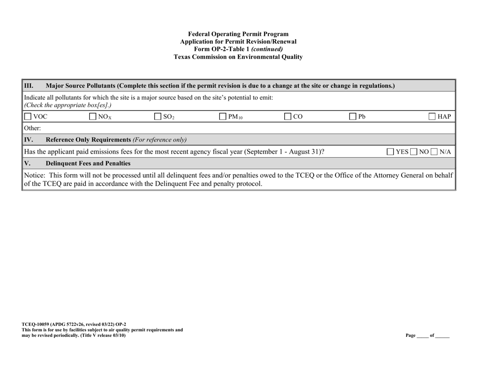 Form TCEQ-100559 (OP-2) Application for Permit Revision / Renewal - Federal Operating Permit Program - Texas, Page 9