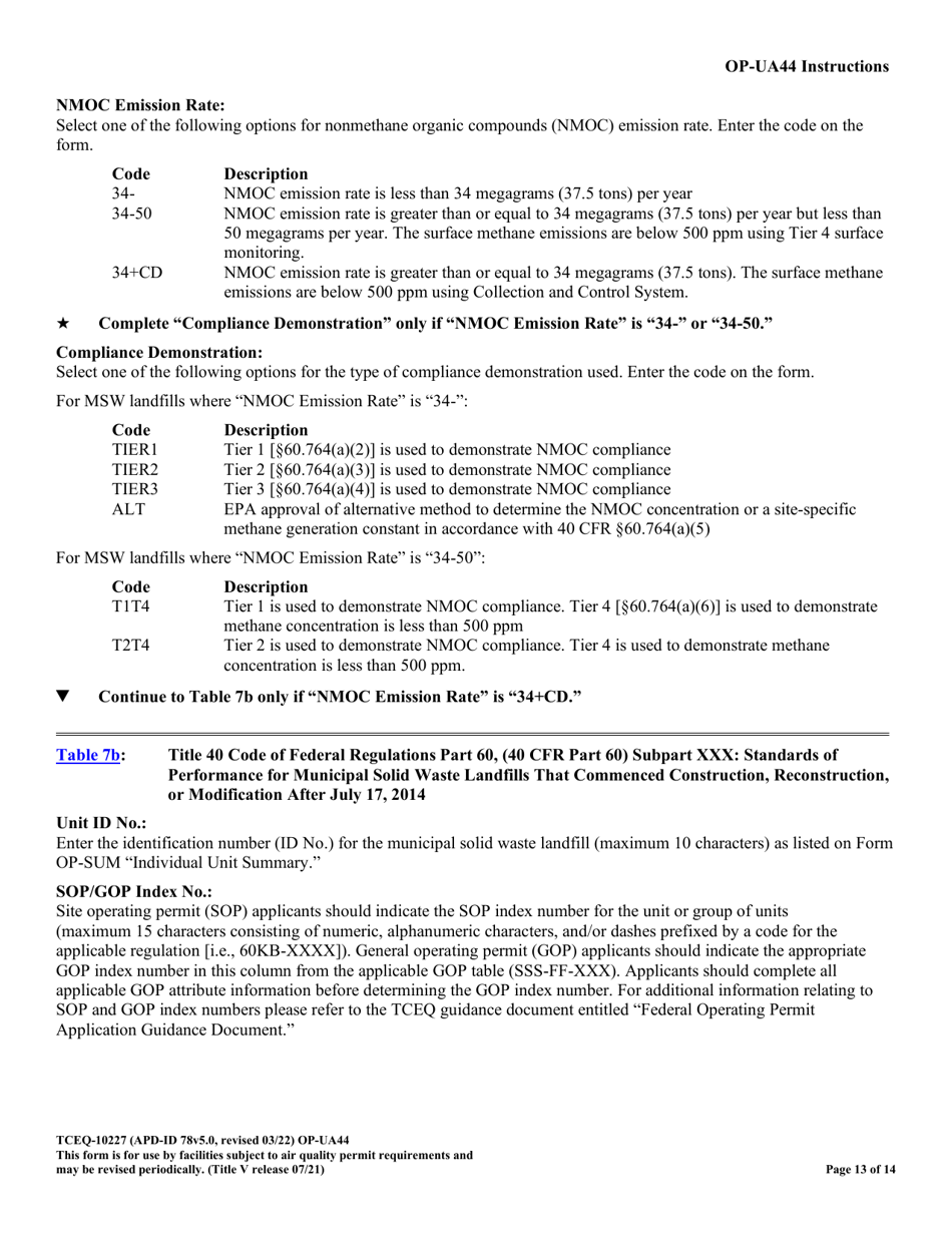 Form TCEQ-10227 (OP-UA44) Municipal Solid Waste Landfill / Waste Disposal Site Attributes - Federal Operating Permit Program - Texas, Page 13