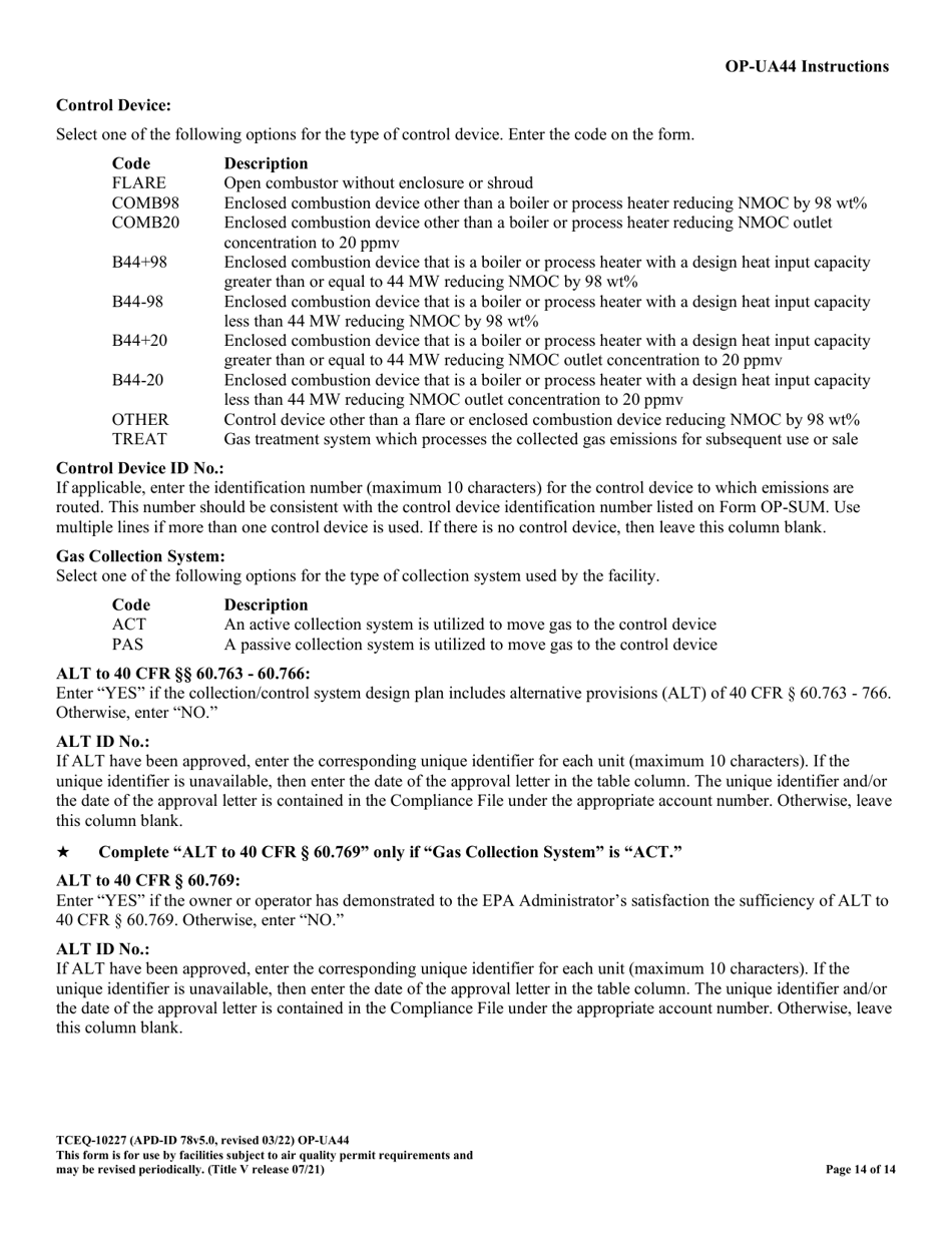 Form TCEQ-10227 (OP-UA44) Municipal Solid Waste Landfill / Waste Disposal Site Attributes - Federal Operating Permit Program - Texas, Page 14