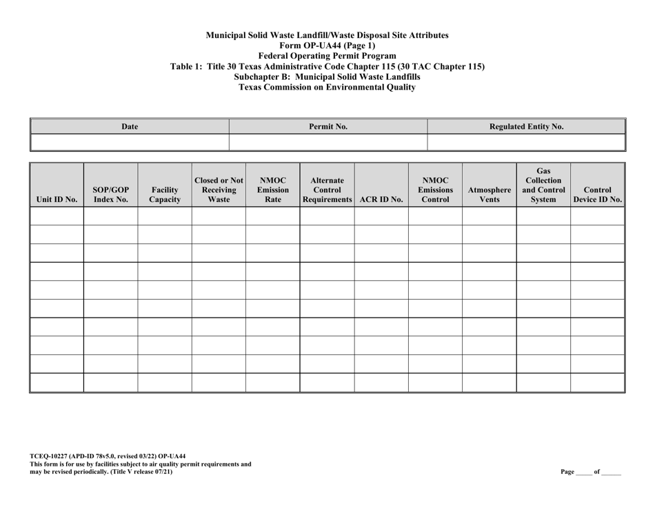 Form TCEQ-10227 (OP-UA44) Municipal Solid Waste Landfill / Waste Disposal Site Attributes - Federal Operating Permit Program - Texas, Page 15