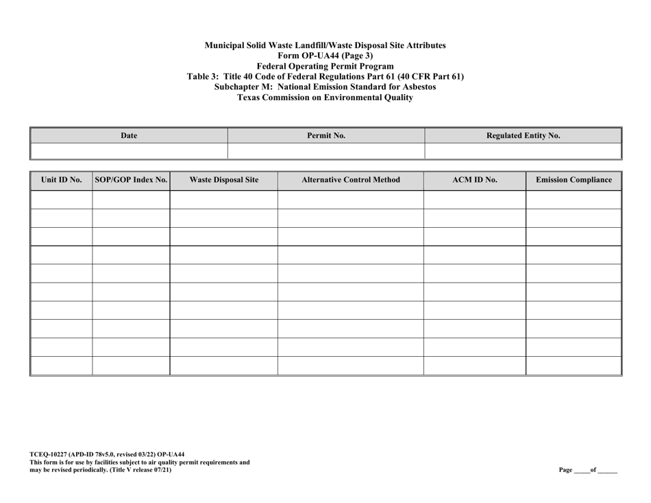 Form TCEQ-10227 (OP-UA44) Municipal Solid Waste Landfill / Waste Disposal Site Attributes - Federal Operating Permit Program - Texas, Page 17