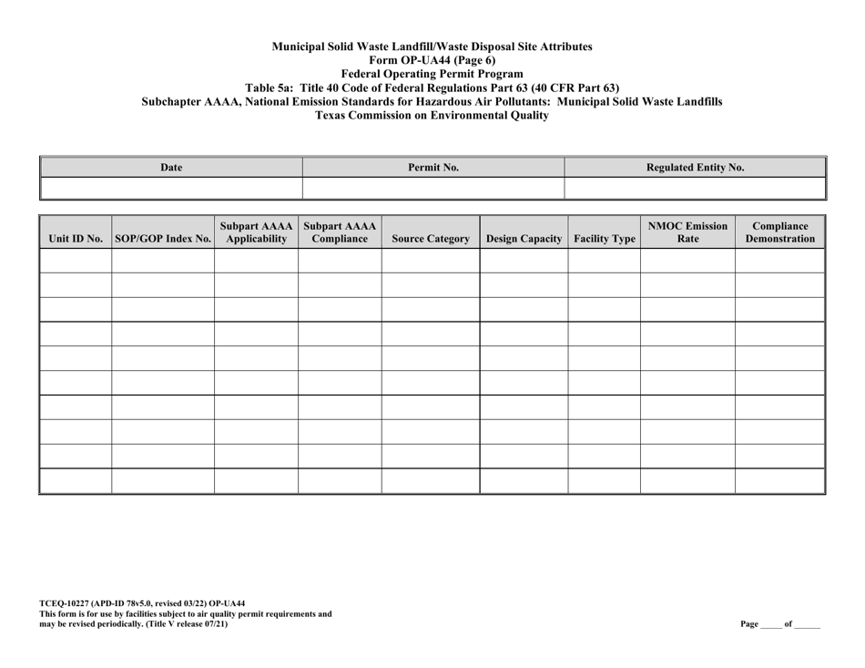 Form TCEQ-10227 (OP-UA44) Municipal Solid Waste Landfill / Waste Disposal Site Attributes - Federal Operating Permit Program - Texas, Page 20