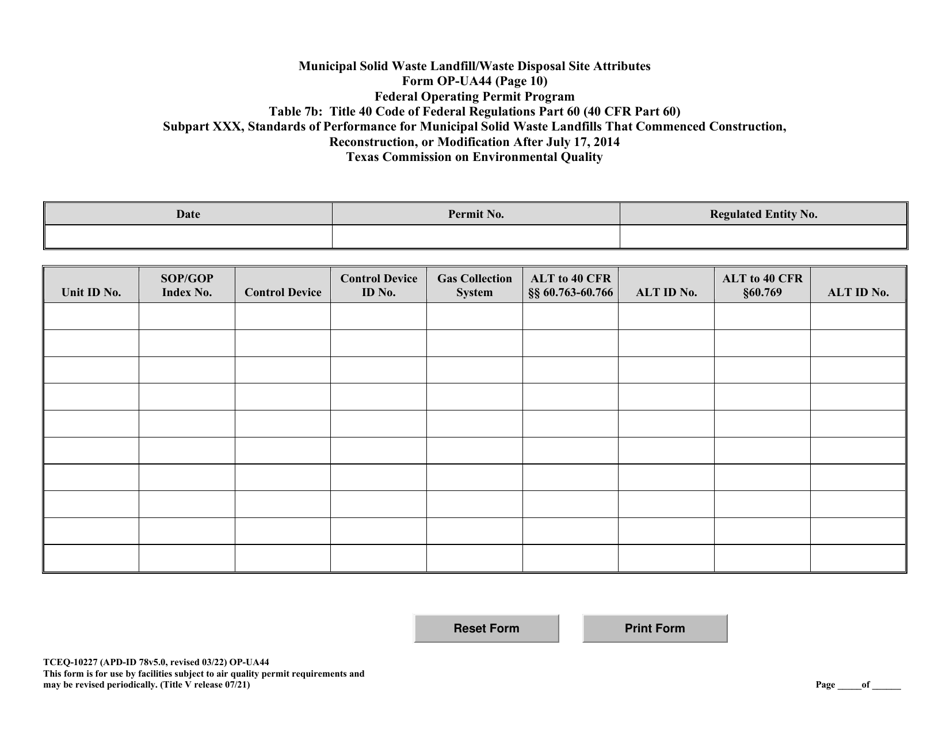 Form TCEQ-10227 (OP-UA44) Municipal Solid Waste Landfill / Waste Disposal Site Attributes - Federal Operating Permit Program - Texas, Page 24