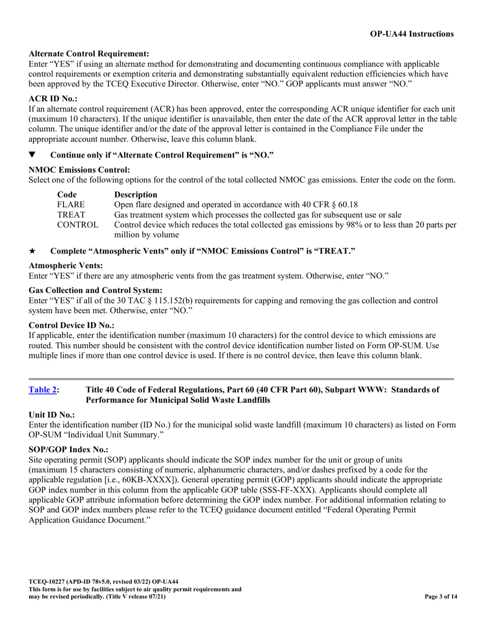 Form TCEQ-10227 (OP-UA44) Municipal Solid Waste Landfill / Waste Disposal Site Attributes - Federal Operating Permit Program - Texas, Page 3