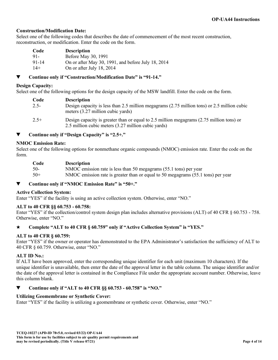 Form TCEQ-10227 (OP-UA44) Municipal Solid Waste Landfill / Waste Disposal Site Attributes - Federal Operating Permit Program - Texas, Page 4