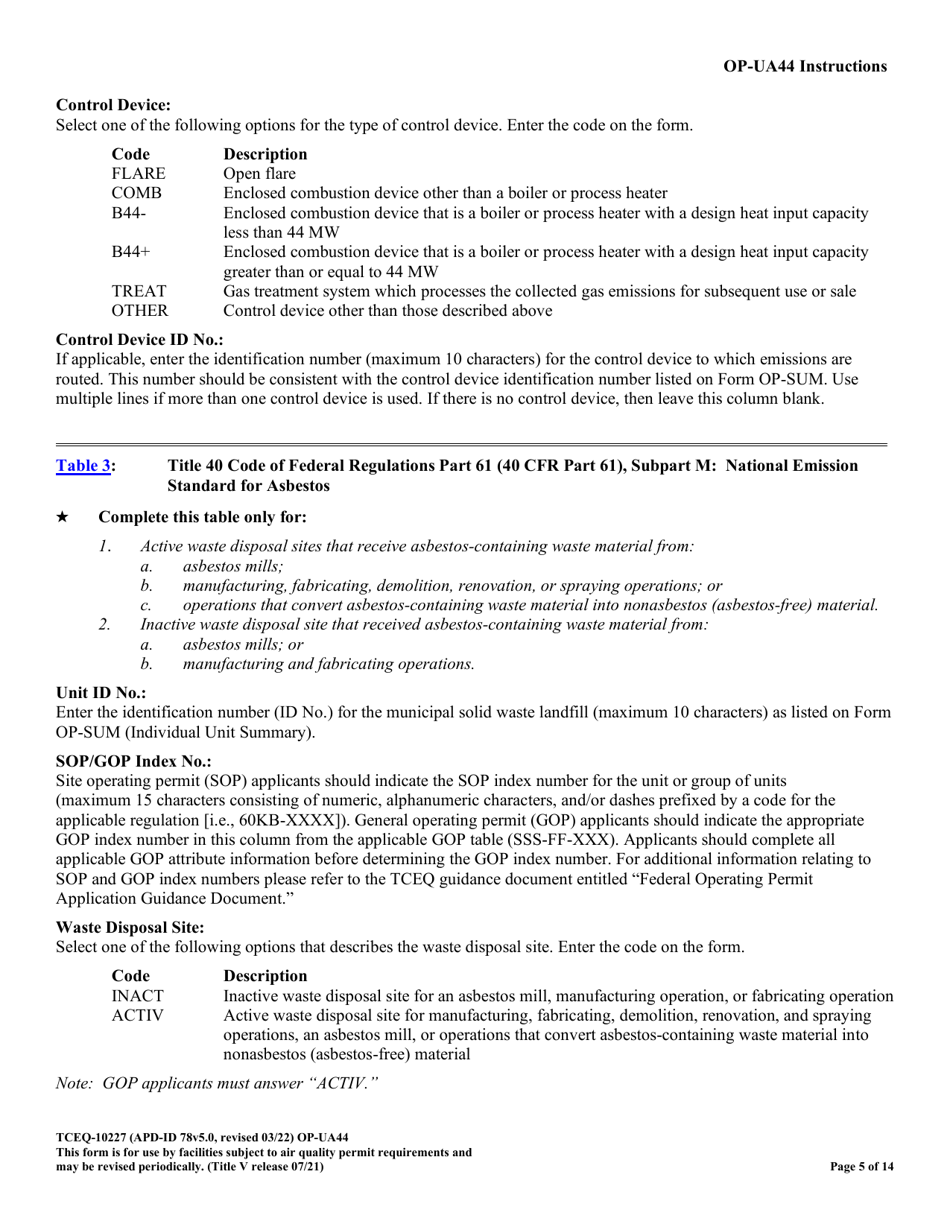 Form TCEQ-10227 (OP-UA44) Municipal Solid Waste Landfill / Waste Disposal Site Attributes - Federal Operating Permit Program - Texas, Page 5