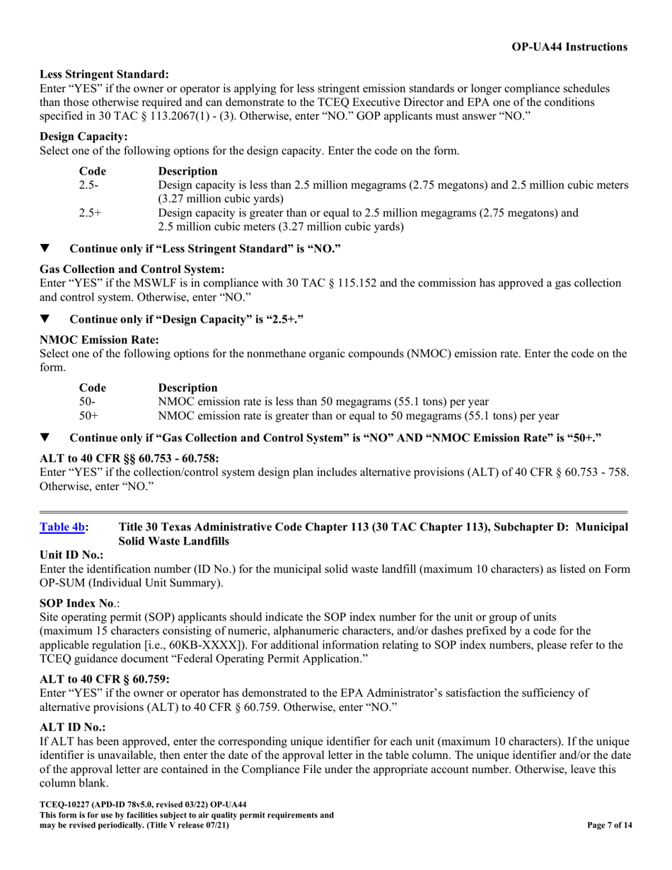 Form TCEQ-10227 (OP-UA44) Municipal Solid Waste Landfill / Waste Disposal Site Attributes - Federal Operating Permit Program - Texas, Page 7