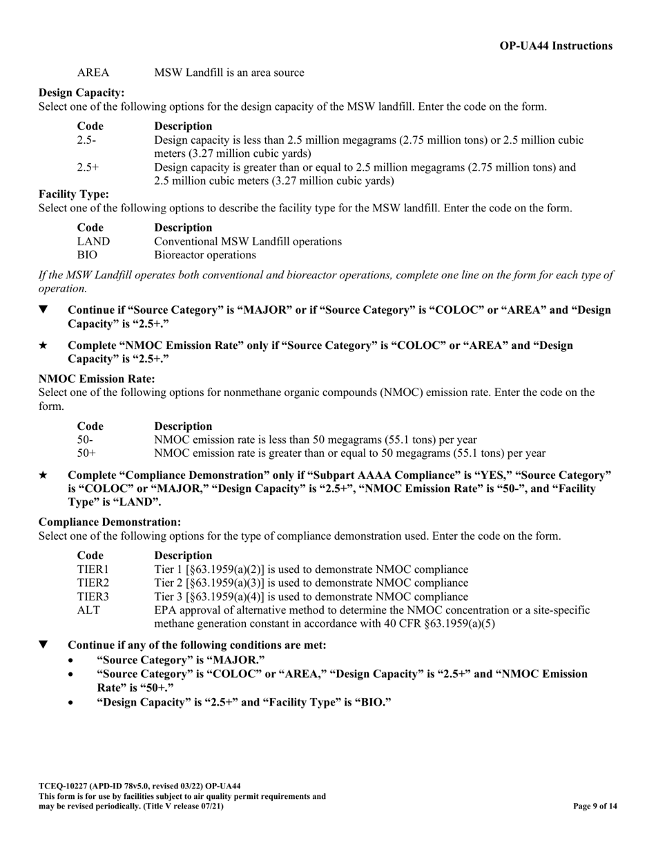 Form TCEQ-10227 (OP-UA44) Municipal Solid Waste Landfill / Waste Disposal Site Attributes - Federal Operating Permit Program - Texas, Page 9
