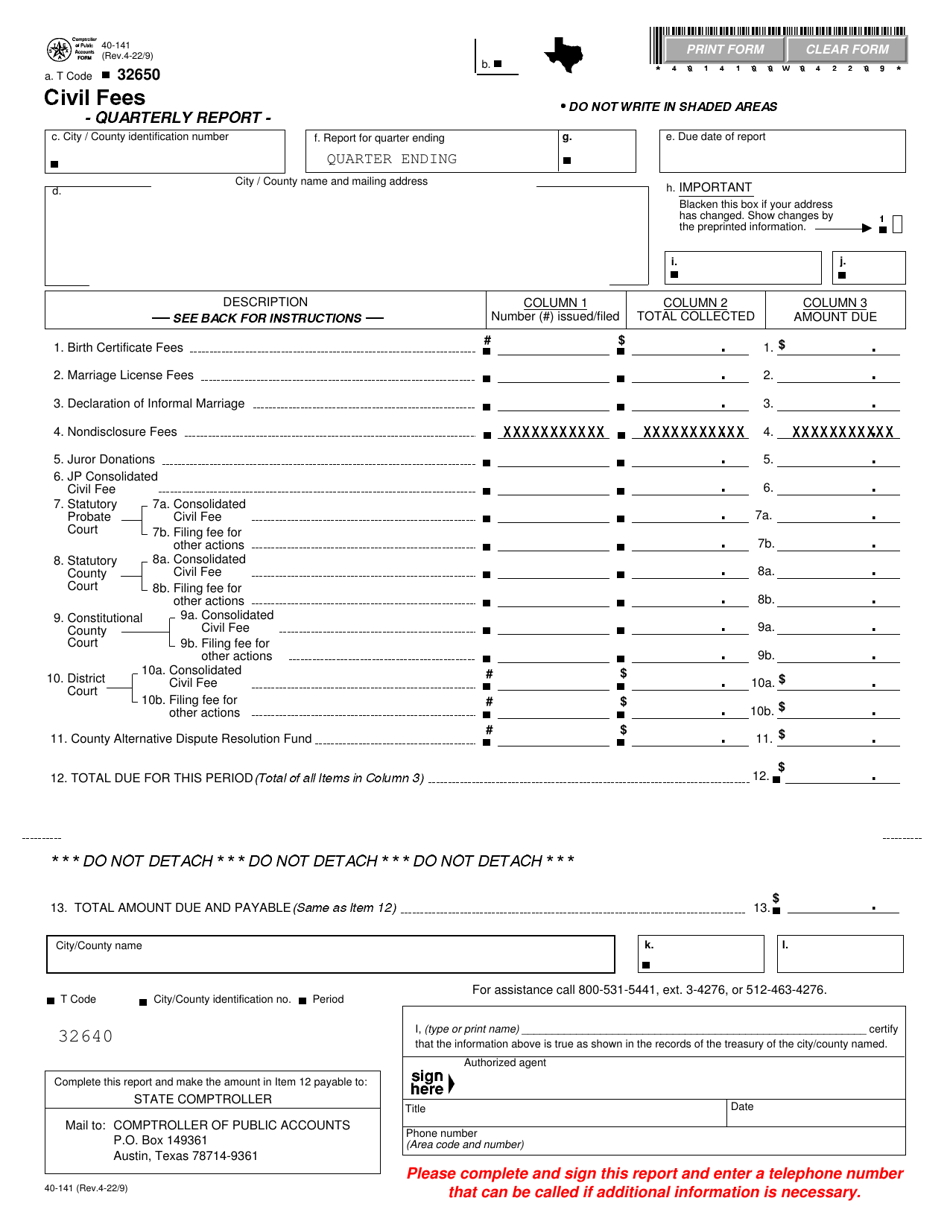 Form 40-141 Civil Fees Quarterly Report - Texas, Page 1