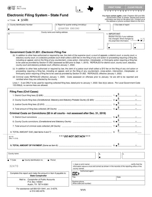 Form 40-151 Electronic Filing System - State Fund - Texas