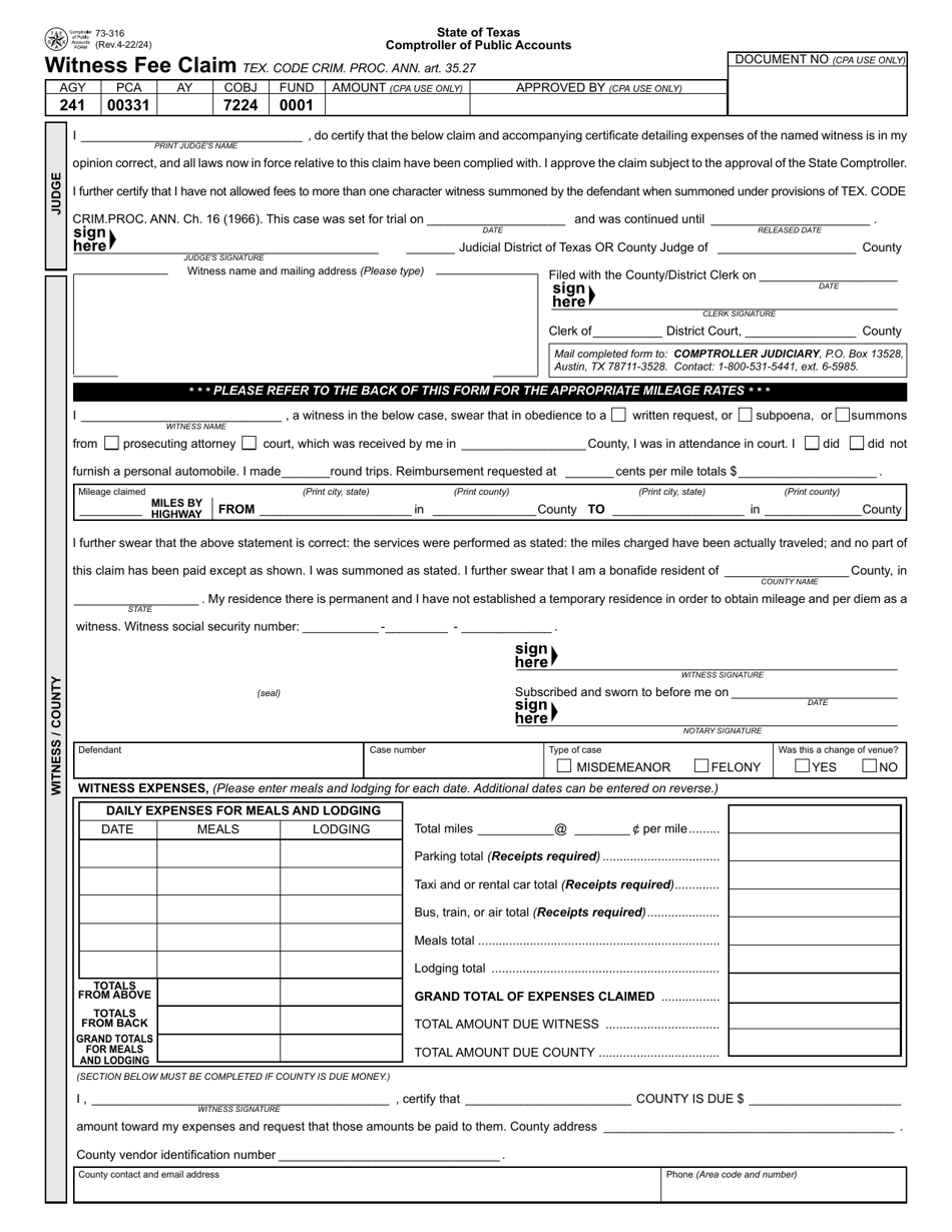 Form 73-316 Witness Fee Claim - Texas, Page 1
