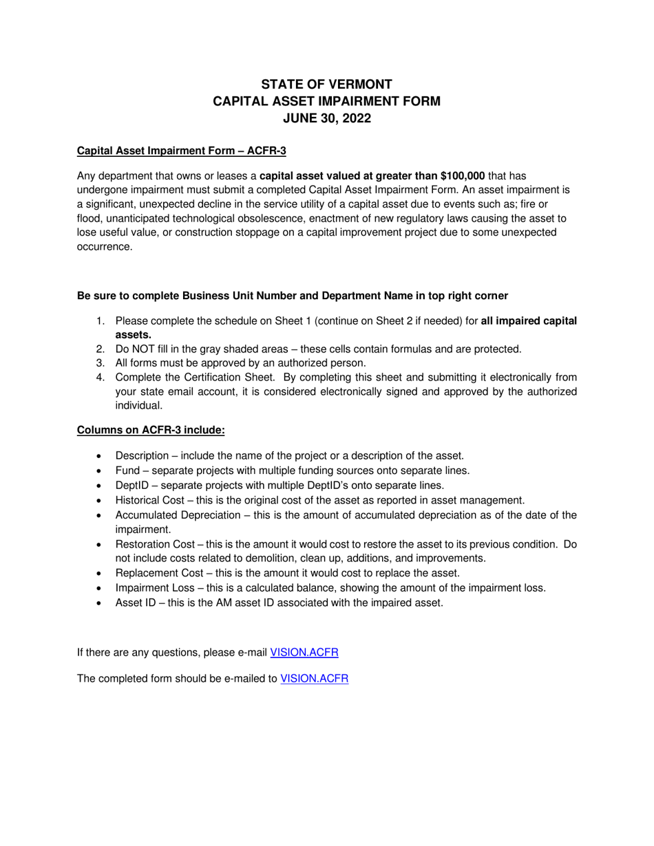 Instructions for Form ACFR-3 Capital Asset Impairment Form - Vermont, Page 1