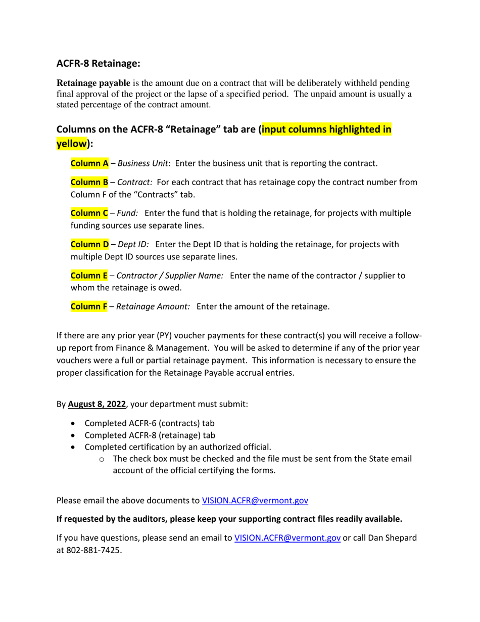 Instructions for Form ACFR-6, ACFR-8 - Vermont, Page 5