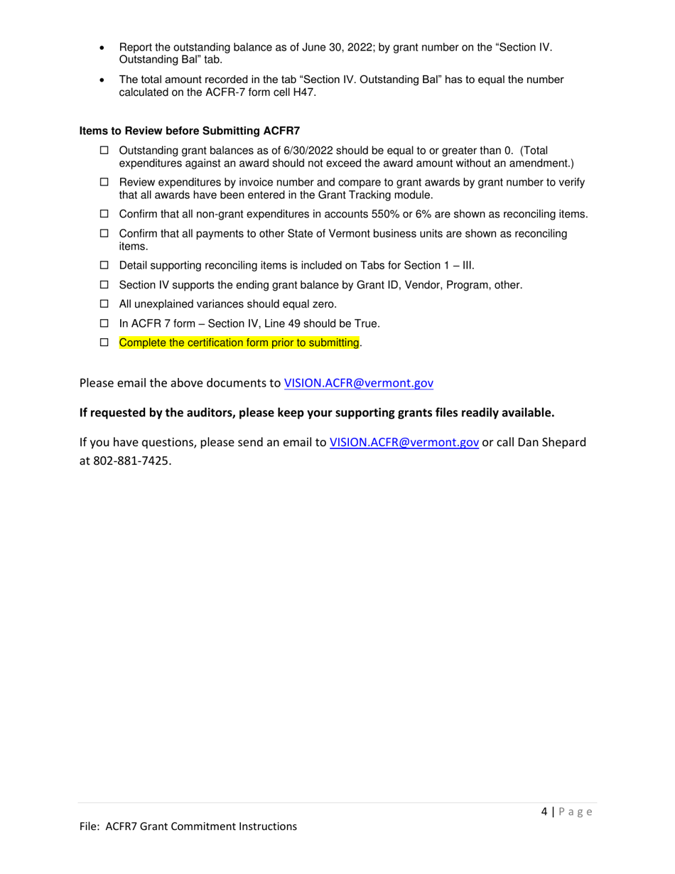 Instructions for Form ACFR-7 Grants Commitment Form - Vermont, Page 4
