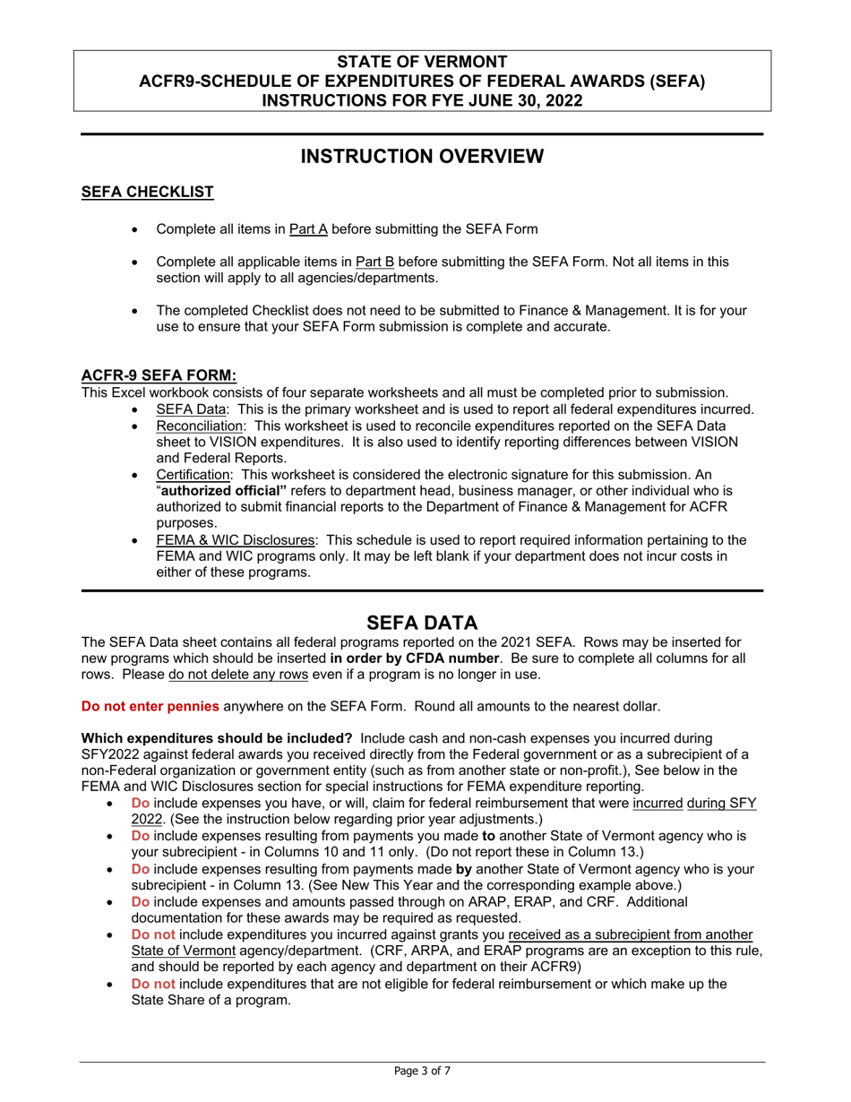 Instructions for Form ACFR-9 Sefa Form - Vermont, Page 3