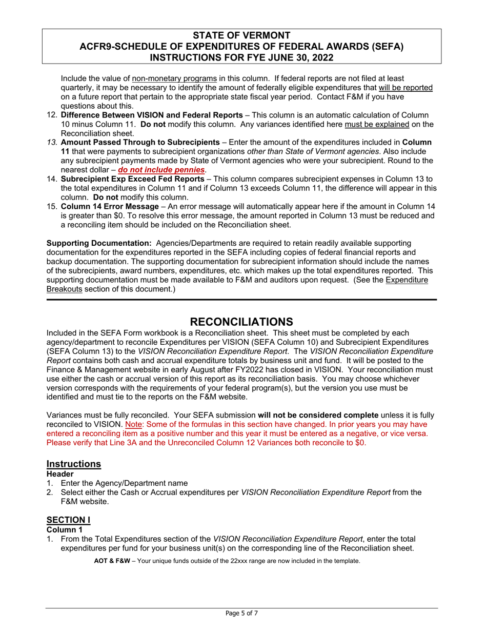 Instructions for Form ACFR-9 Sefa Form - Vermont, Page 5