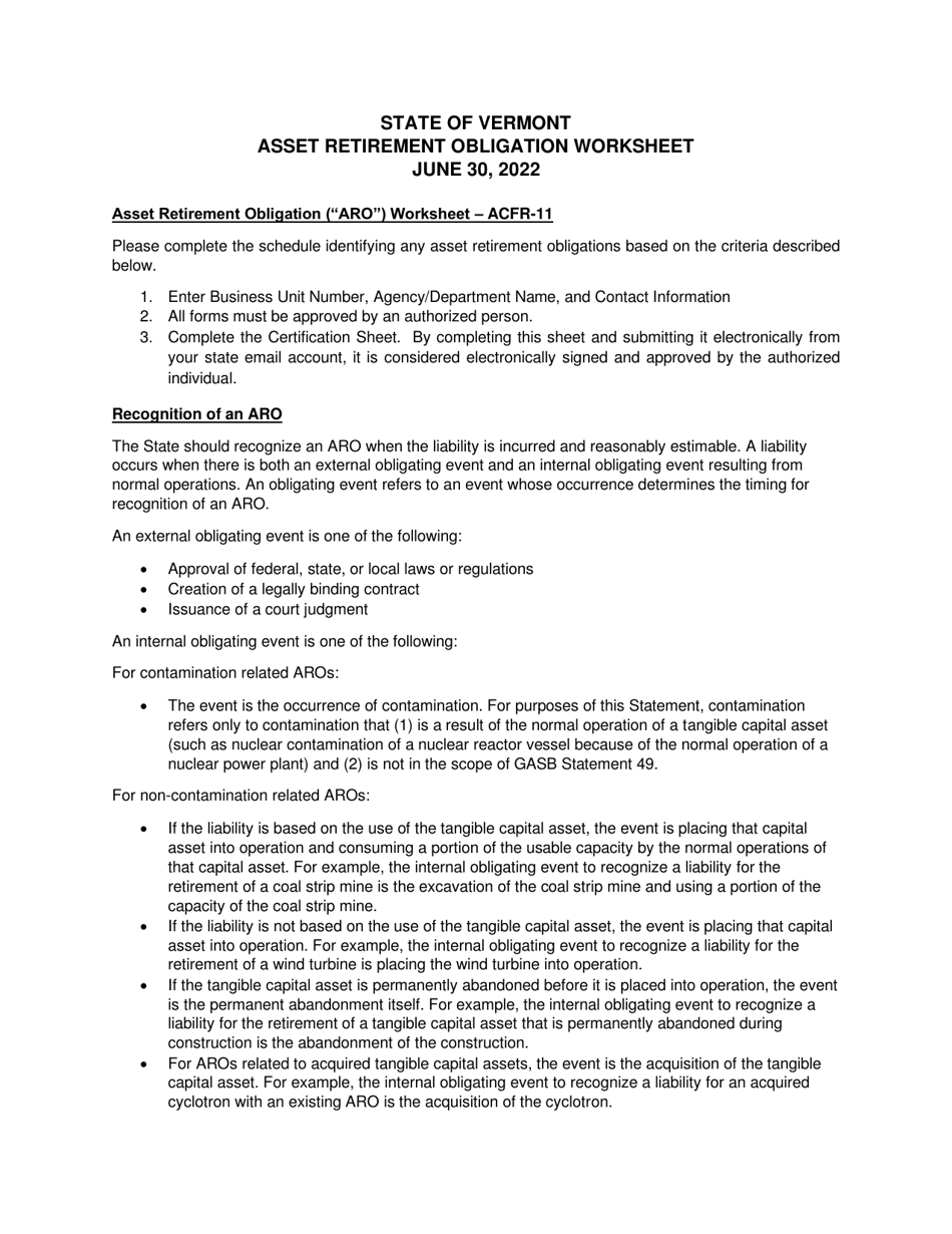 Instructions for Form ACFR-11 Asset Retirement Obligation Worksheet - Vermont, Page 1