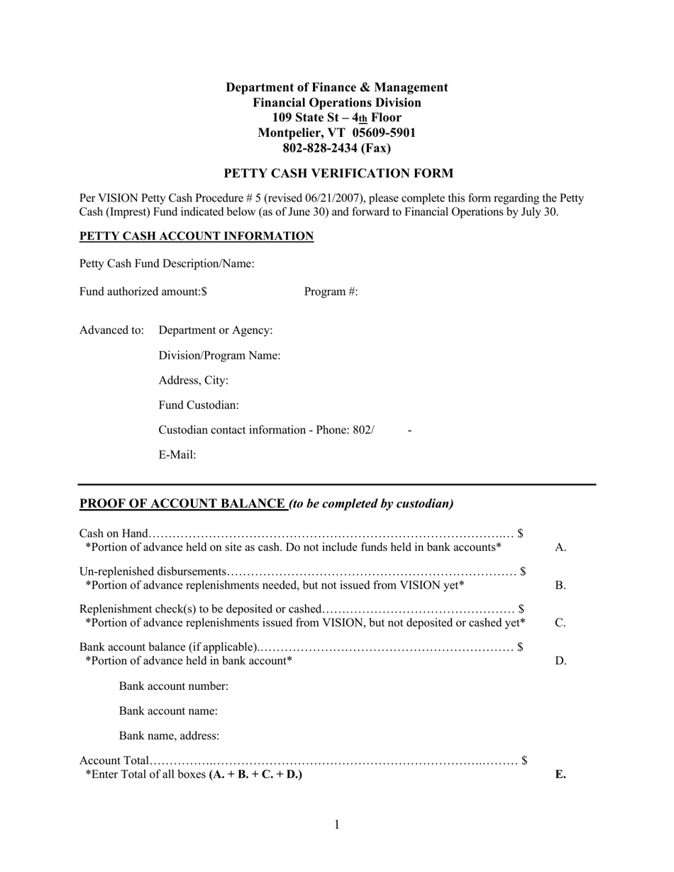 Petty Cash Verification Form - Vermont, Page 1