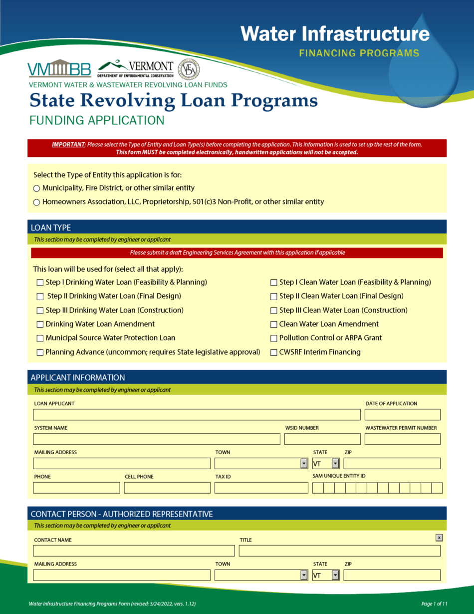 Funding Application - State Revolving Loan Programs - Vermont, Page 1