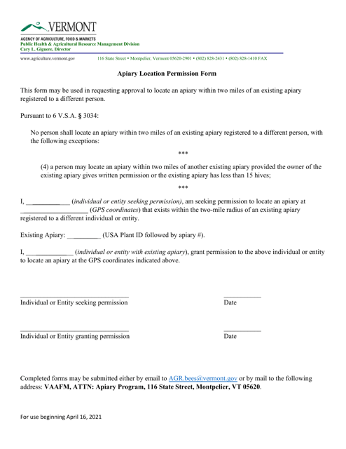 Apiary Location Permission Form - Vermont Download Pdf