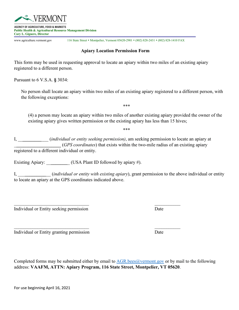 Apiary Location Permission Form - Vermont, Page 1