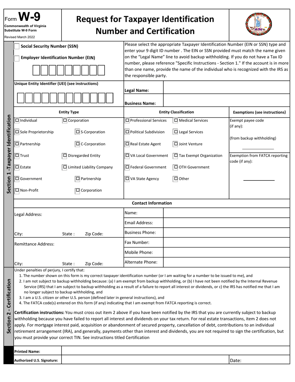 Form W-9 Request for Taxpayer Identification Number and Certification - Virginia, Page 1