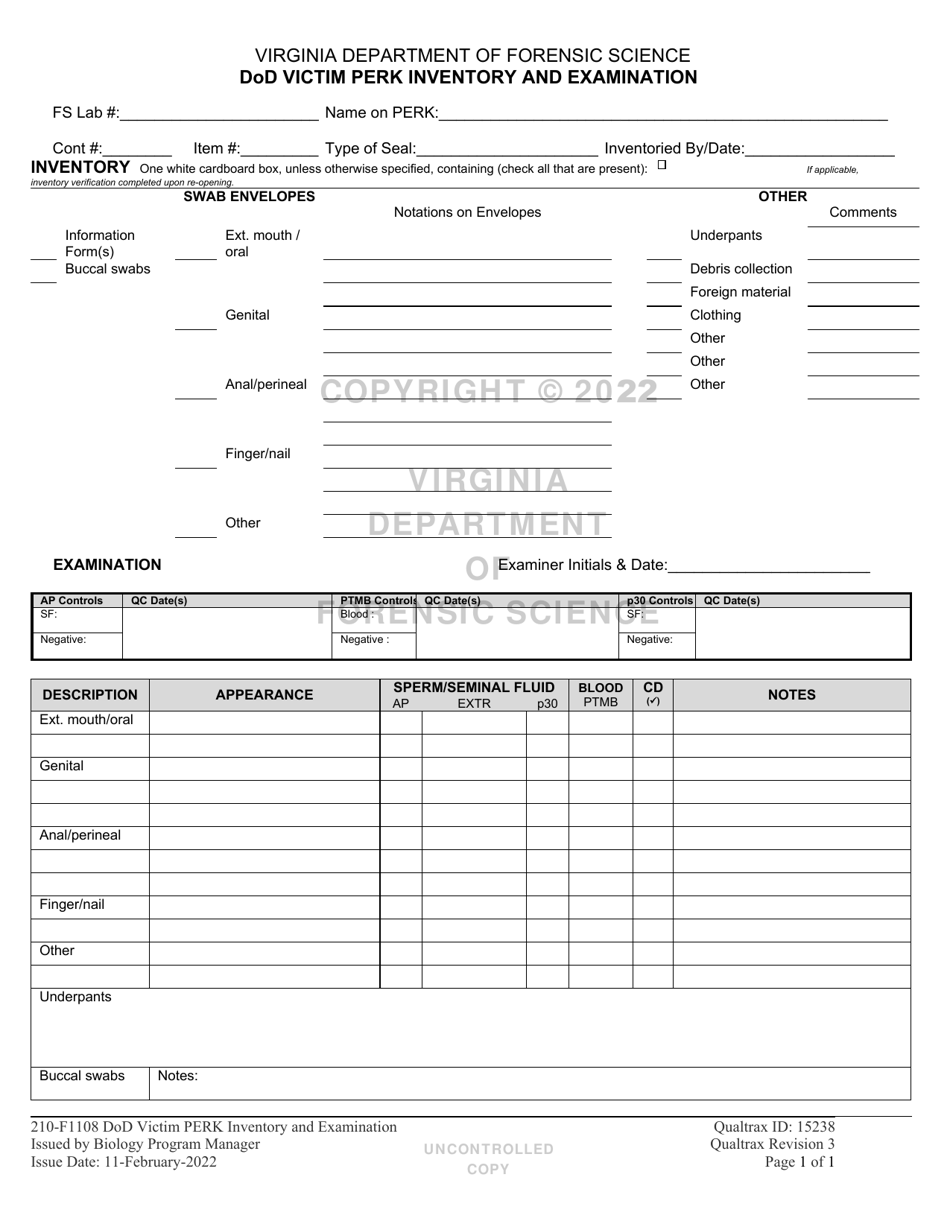 DFS Form 210-F1108 DoD Victim Perk Inventory and Examination - Virginia, Page 1