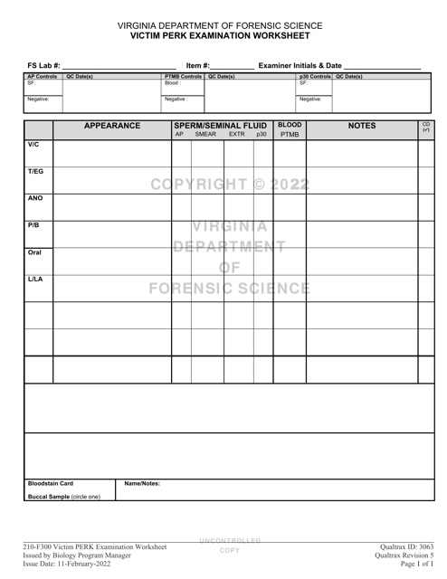 DFS Form 210-F300 Victim Perk Examination Worksheet - Virginia