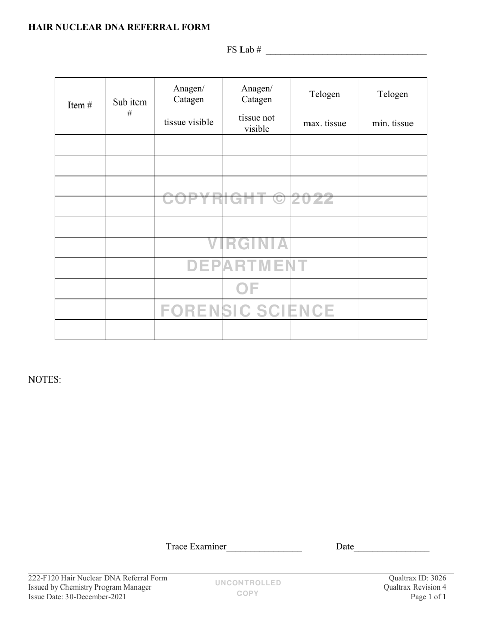 DFS Form 222-F120 Hair Nuclear Dna Referral Form - Virginia, Page 1