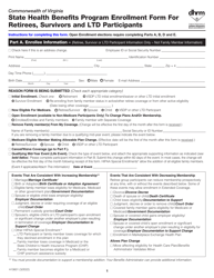 Form A10601 &quot;State Health Benefits Program Enrollment Form for Retirees, Survivors and Ltd Participants&quot; - Virginia