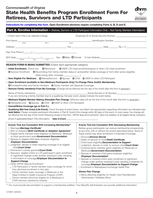 Form A10601 State Health Benefits Program Enrollment Form for Retirees, Survivors and Ltd Participants - Virginia