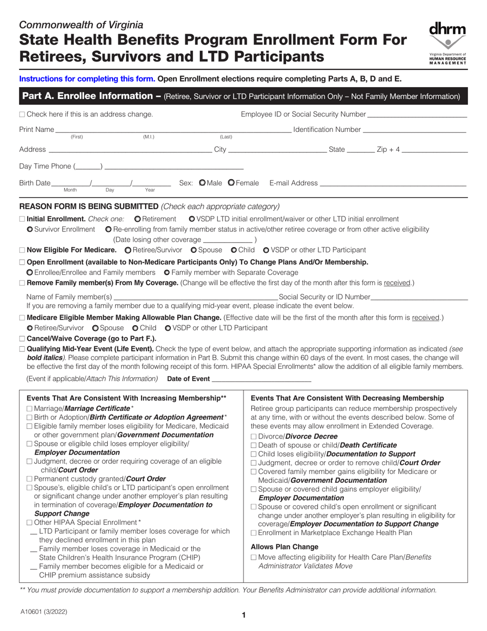 Form A10601 State Health Benefits Program Enrollment Form for Retirees, Survivors and Ltd Participants - Virginia, Page 1