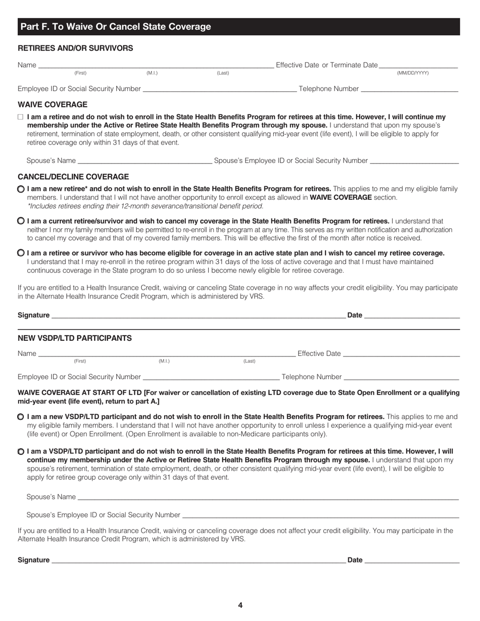 Form A10601 State Health Benefits Program Enrollment Form for Retirees, Survivors and Ltd Participants - Virginia, Page 4