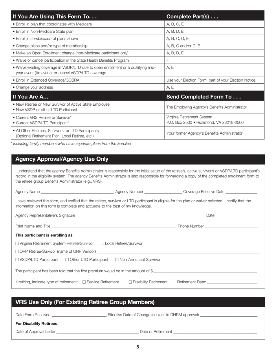 Form A10601 State Health Benefits Program Enrollment Form for Retirees, Survivors and Ltd Participants - Virginia, Page 5