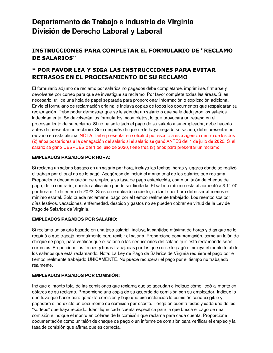Formulario LLVA-POW Declaracion De Reclamo Por Salarios No Pagados - Virginia (Spanish), Page 1