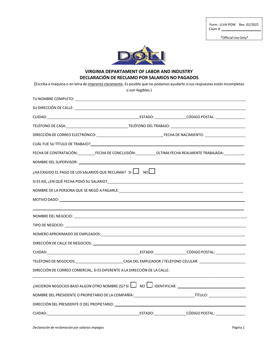Formulario LLVA-POW Declaracion De Reclamo Por Salarios No Pagados - Virginia (Spanish), Page 3