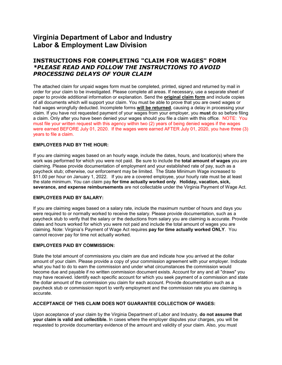 Form LLVA-POW Statement of Claim for Unpaid Wages - Virginia, Page 1