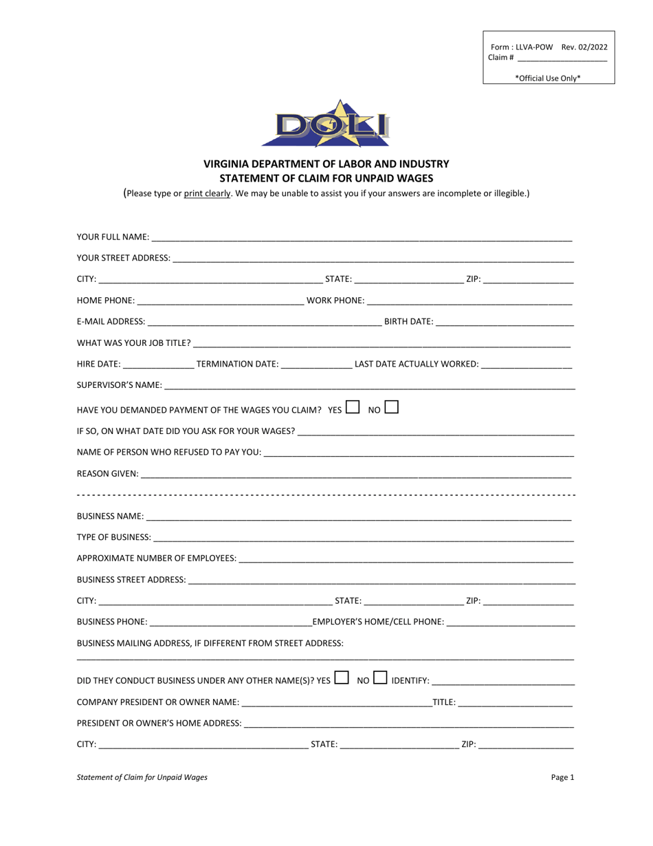 Form LLVA-POW Statement of Claim for Unpaid Wages - Virginia, Page 3