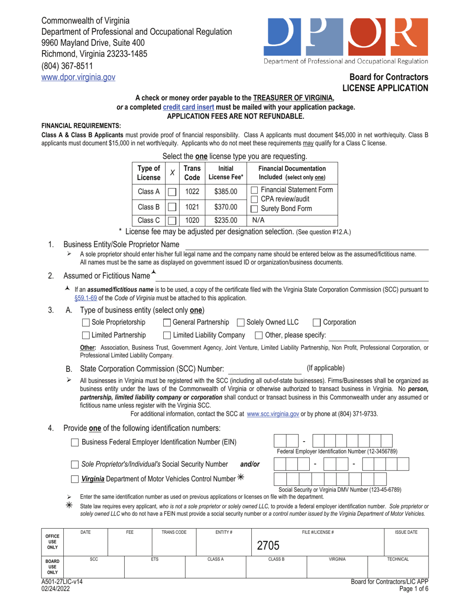 Form A501-27LIC License Application - Virginia, Page 1