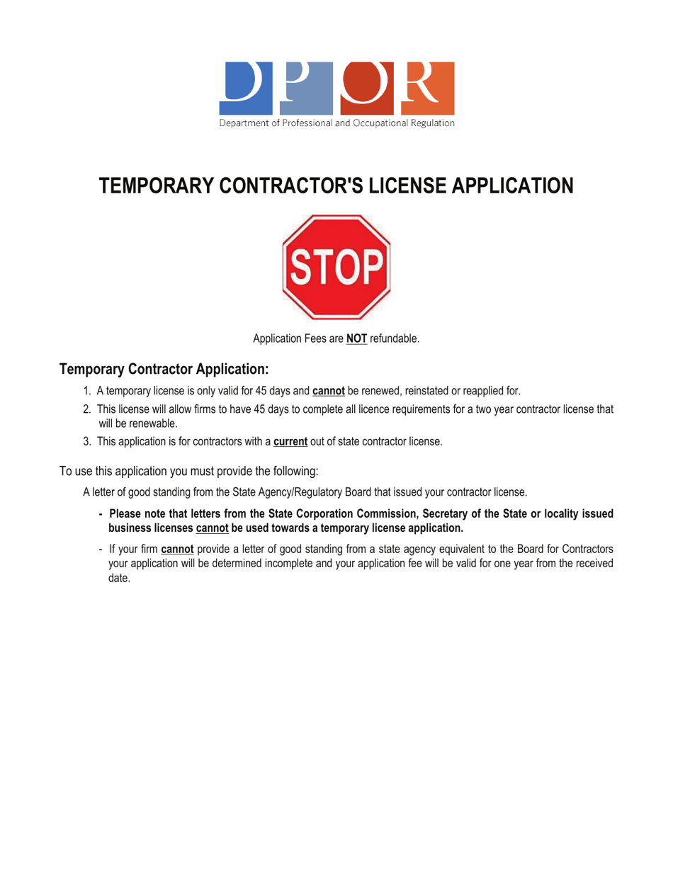 Form A501-2703LIC Temporary License Application - Virginia, Page 1